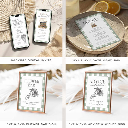Fresh Off The Market Bridal Shower Template Bundle, Farmers Market Bridal Shower Games, Engagement Party Decor, Green Plaid Editable Canva Templates
