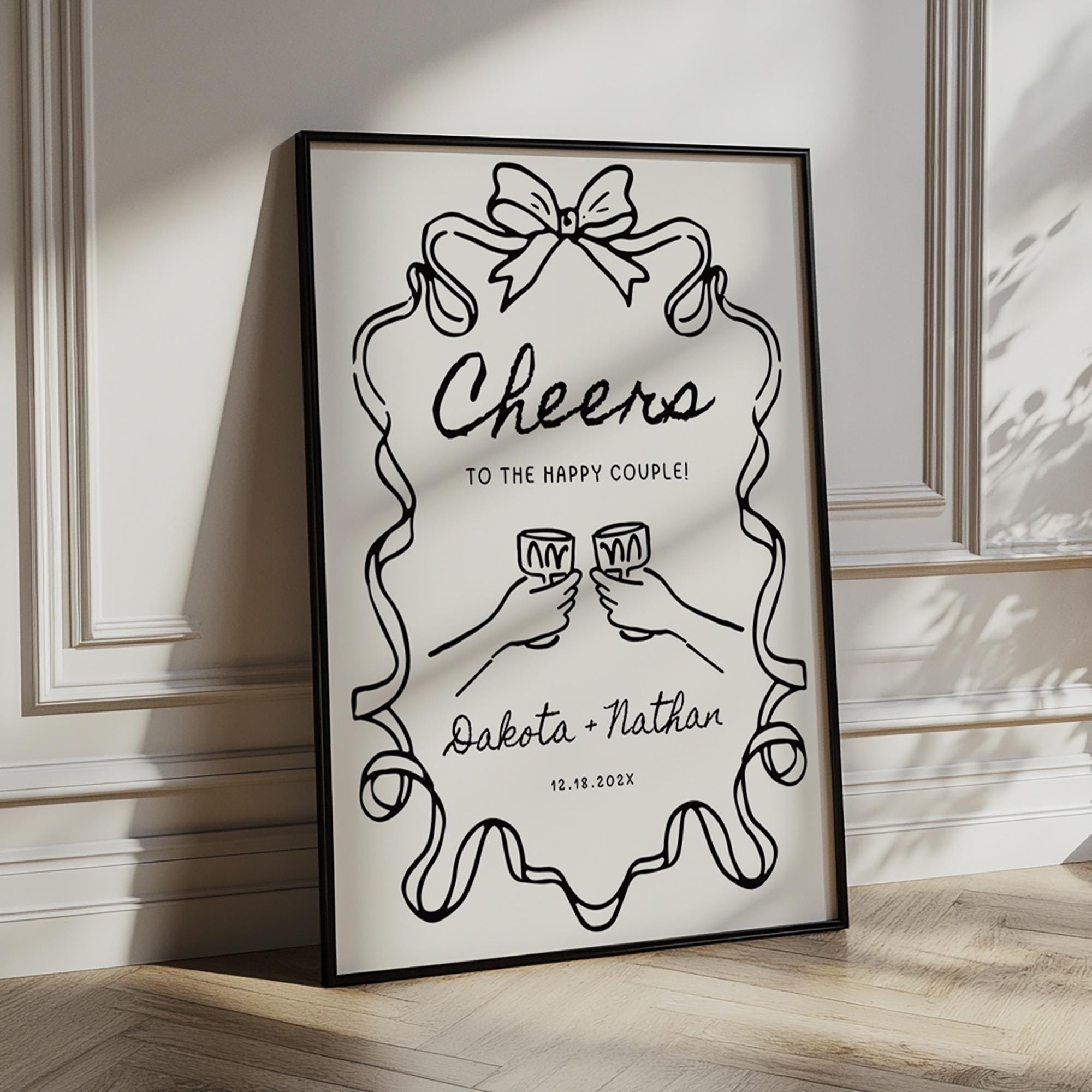 Whimsical Engagement Party Welcome Sign – Editable Canva Template with Bow Illustration