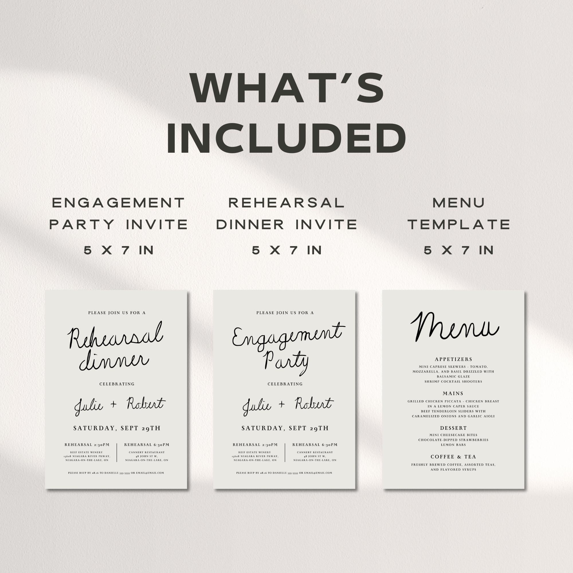 Minimal Rehearsal Dinner Invitation &amp; Menu – Editable Canva Template with Hand-Drawn Details