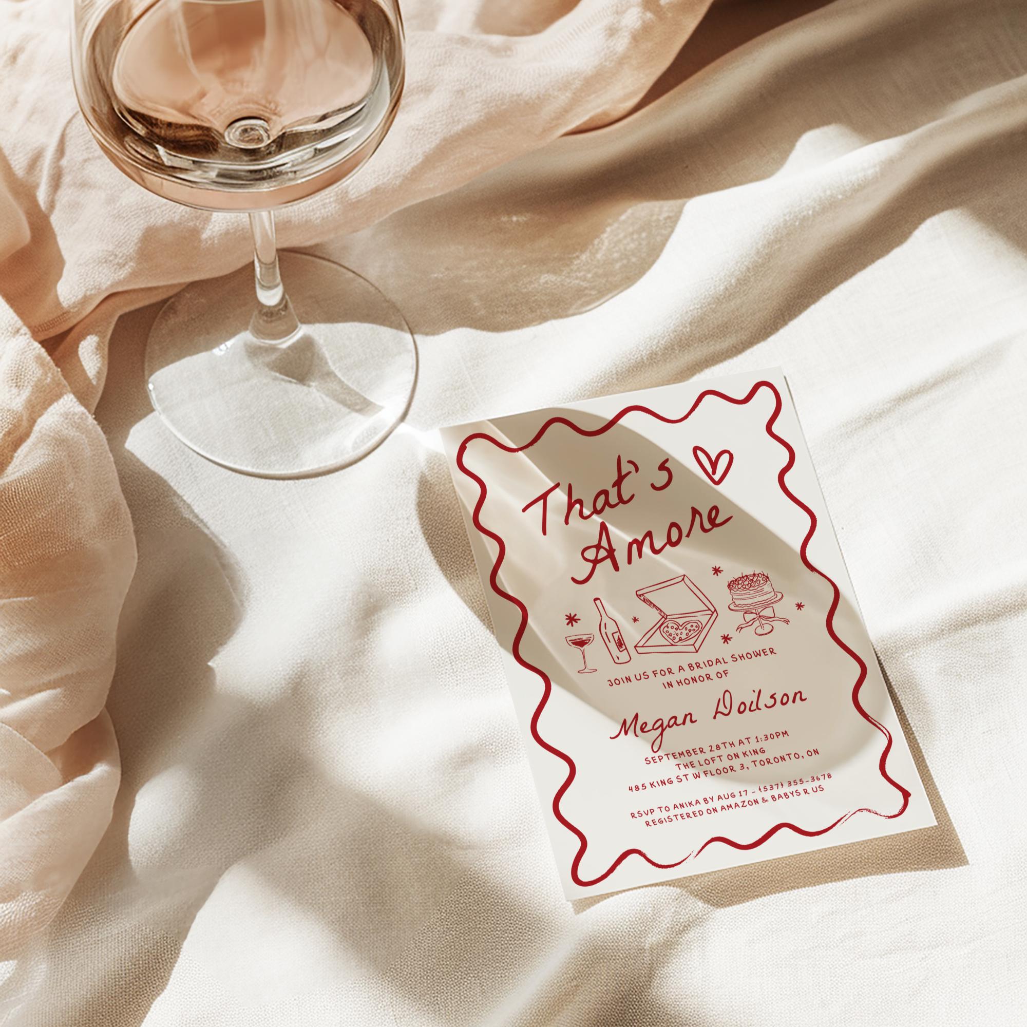 Wavy That’s Amore Bridal Shower Invitation – Editable Canva Template with Whimsical Hand-Drawn Italian Theme