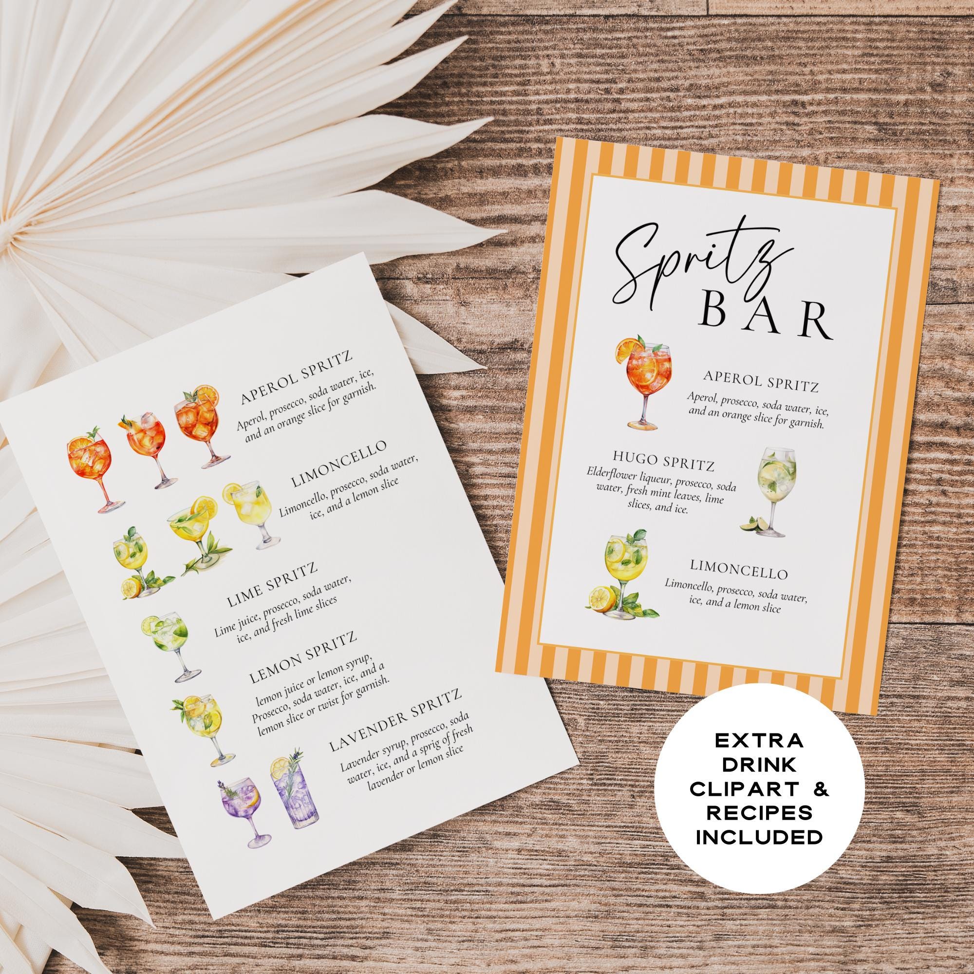 Watercolor Spritz Bar Sign Template – Aperol, Limoncello &amp; Hugo Spritz Recipes – Editable Canva Wedding &amp; Party Sign
