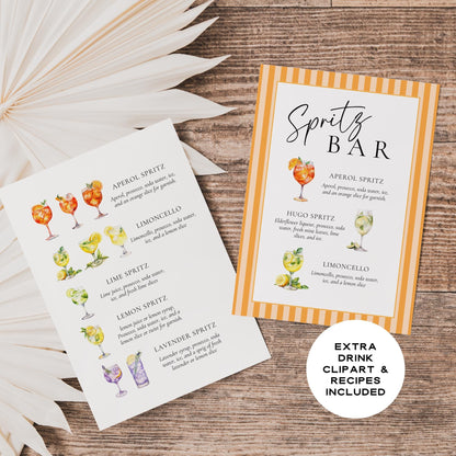Watercolor Spritz Bar Sign Template – Aperol, Limoncello &amp; Hugo Spritz Recipes – Editable Canva Wedding &amp; Party Sign