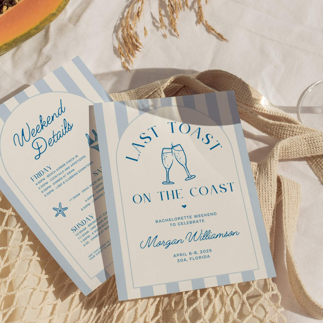 Last Toast on the Coast Bachelorette Itinerary &amp; Beach Party Invitation – Editable 30A Bachelorette Invitation Template – Customizable Canva Design