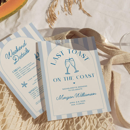 Last Toast on the Coast Bachelorette Itinerary &amp; Beach Party Invitation – Editable 30A Bachelorette Invitation Template – Customizable Canva Design