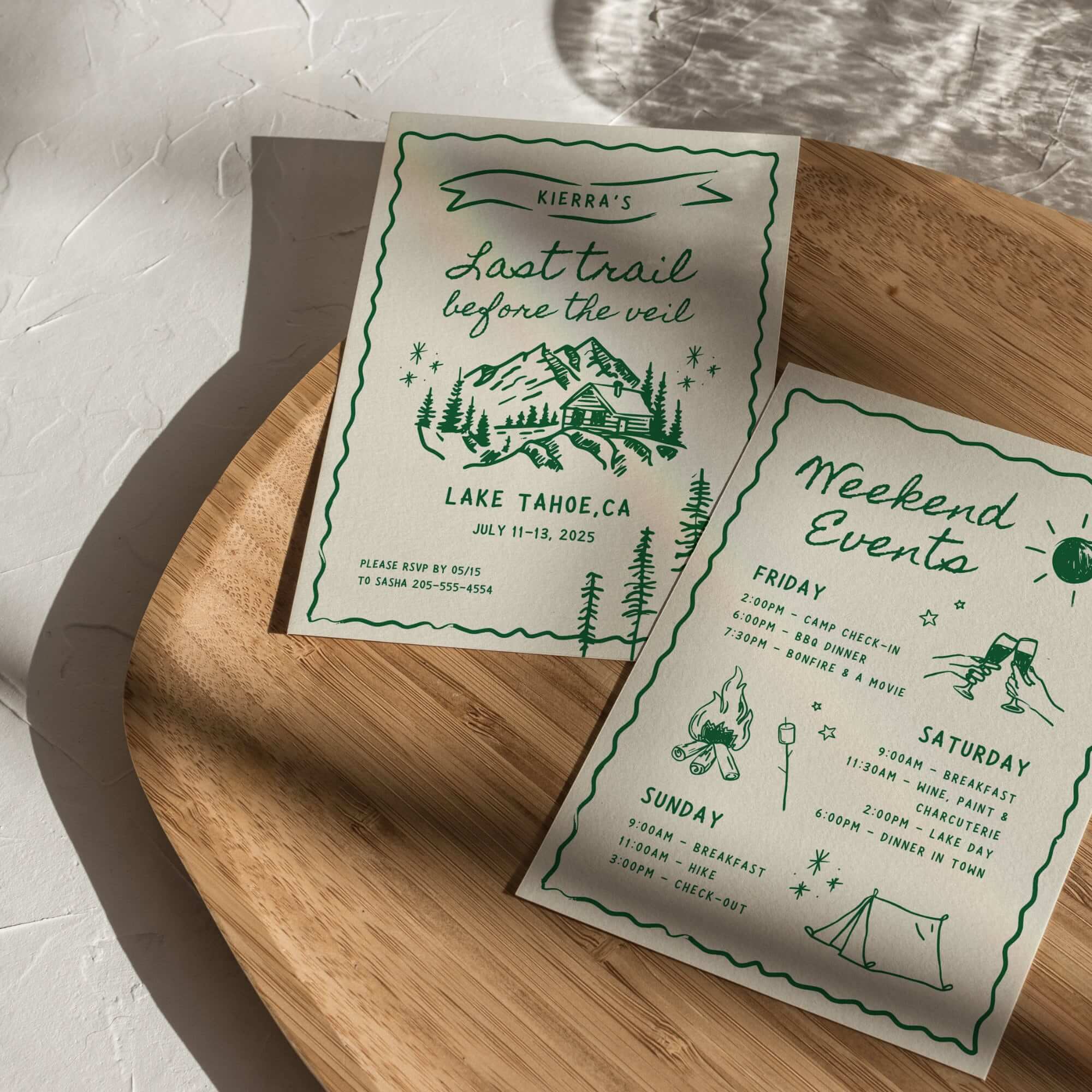 Camp Bachelorette Invitation &amp; Itinerary – Editable Canva Template for Glamping or Last Trail Before the Veil Weekend