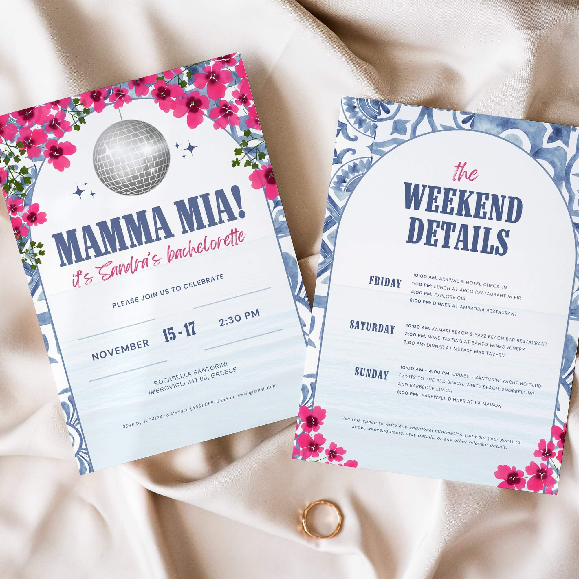 Mamma Mia Bachelorette Itinerary – Editable Canva Travel Schedule for Dancing Queen Party