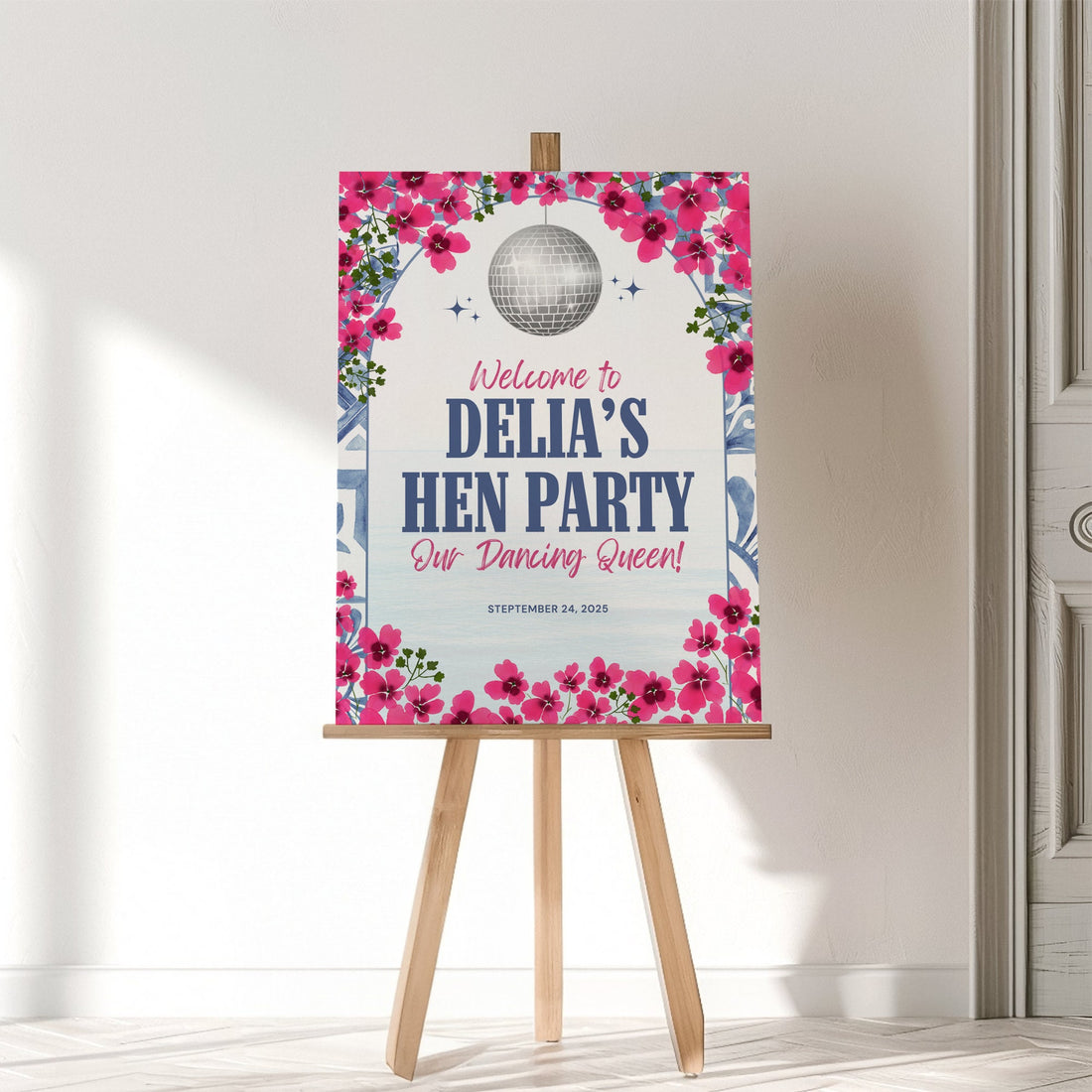 Mamma Mia Hen Party Welcome Sign – Editable Dancing Queen Canva Template for Bachelorette or Last Disco Theme