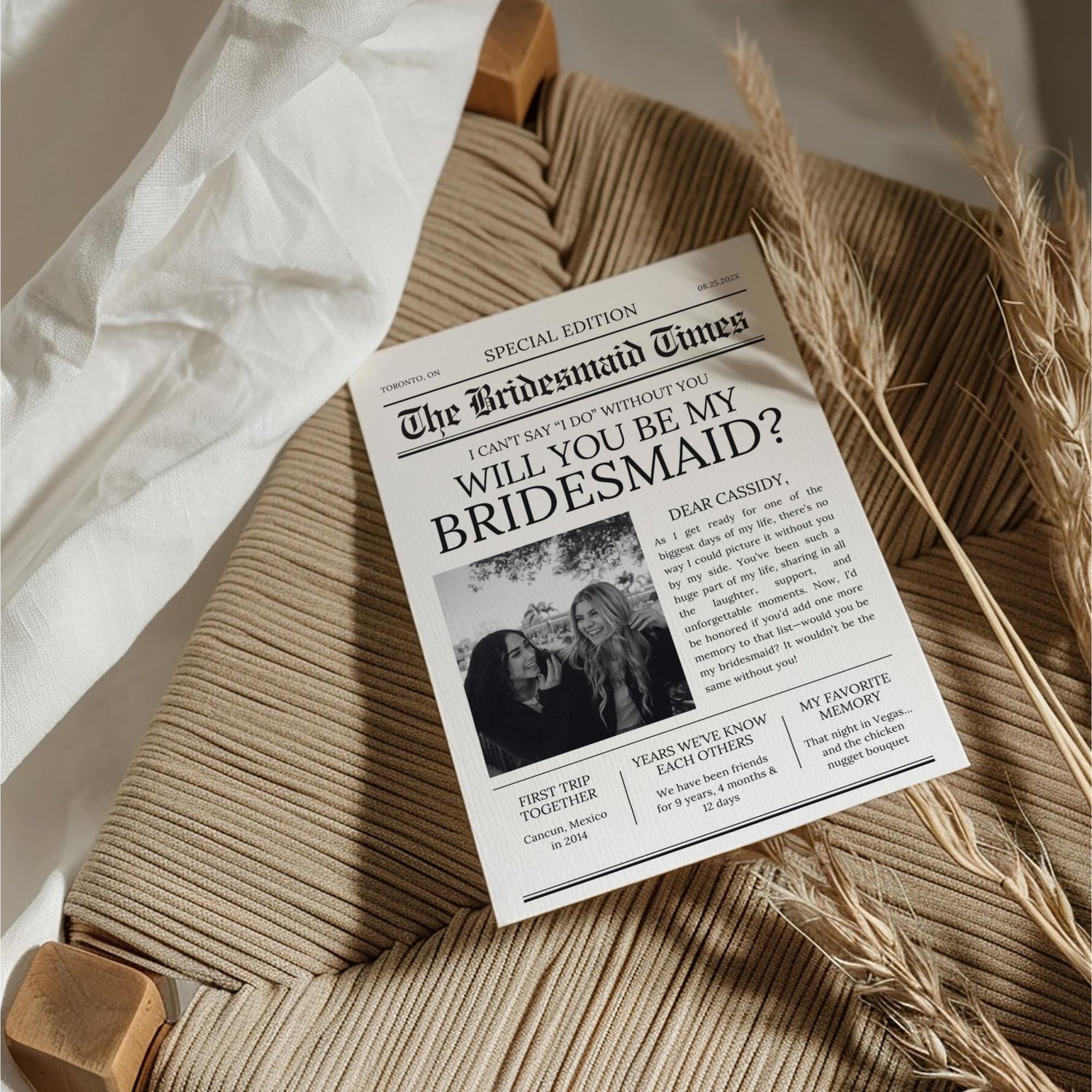 Newspaper Bridesmaid Proposal Card - Editable Canva Template