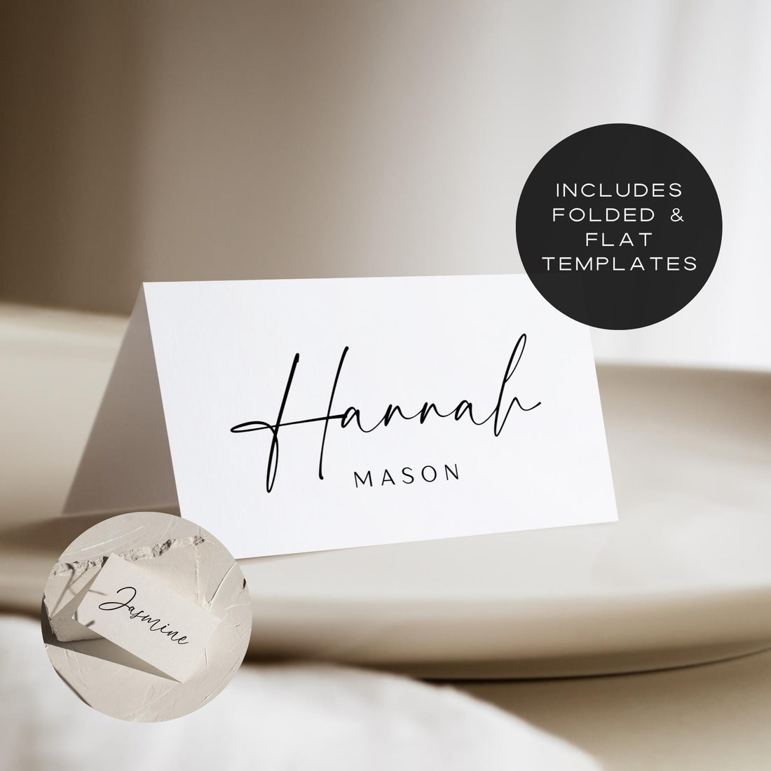 Minimalist Place Card Template, Editable Flat &amp; Folded Wedding Name Cards, Printable Seating Cards for Dinner Party or Event
