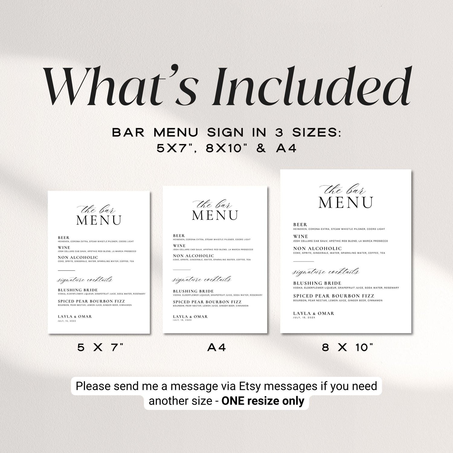 Printable Wedding Bar Menu Sign Template – Modern Minimalist Bar Menu