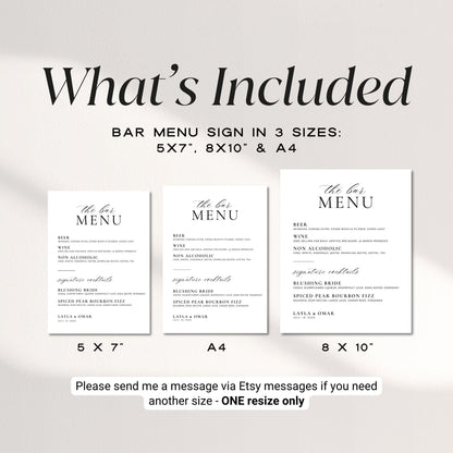 Printable Wedding Bar Menu Sign Template – Modern Minimalist Bar Menu