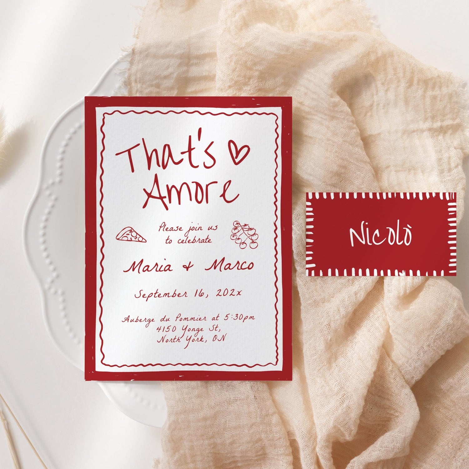 That’s Amore Rehearsal Dinner Invitation, Menu &amp; Name Cards – Editable Canva Template for Italian Engagement or Pizza Party