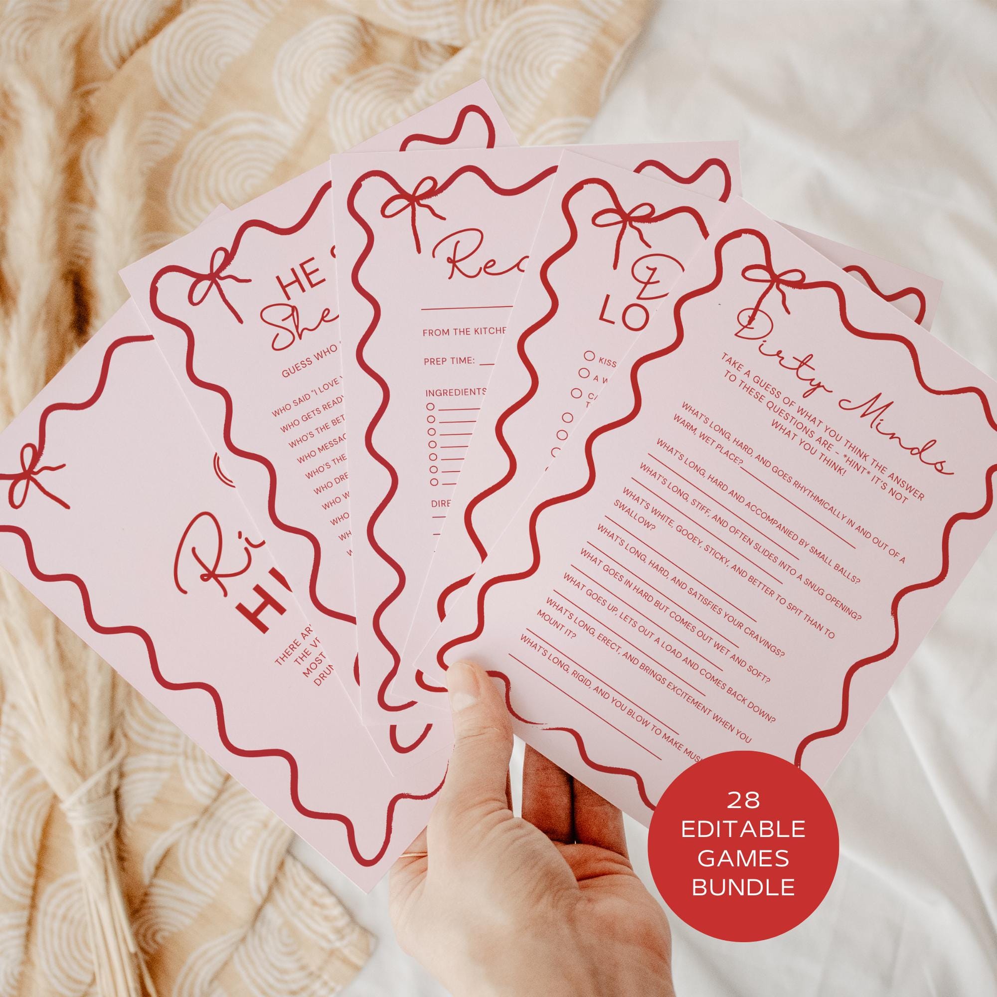 Wavy Bridal Shower &amp; Bachelorette Games | Pink &amp; Red Editable Templates
