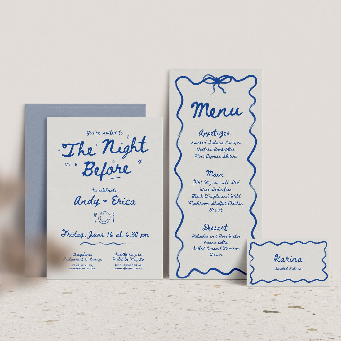 Rehearsal Dinner Invitation, Menu &amp; Place Card Templates - Canva Bundle