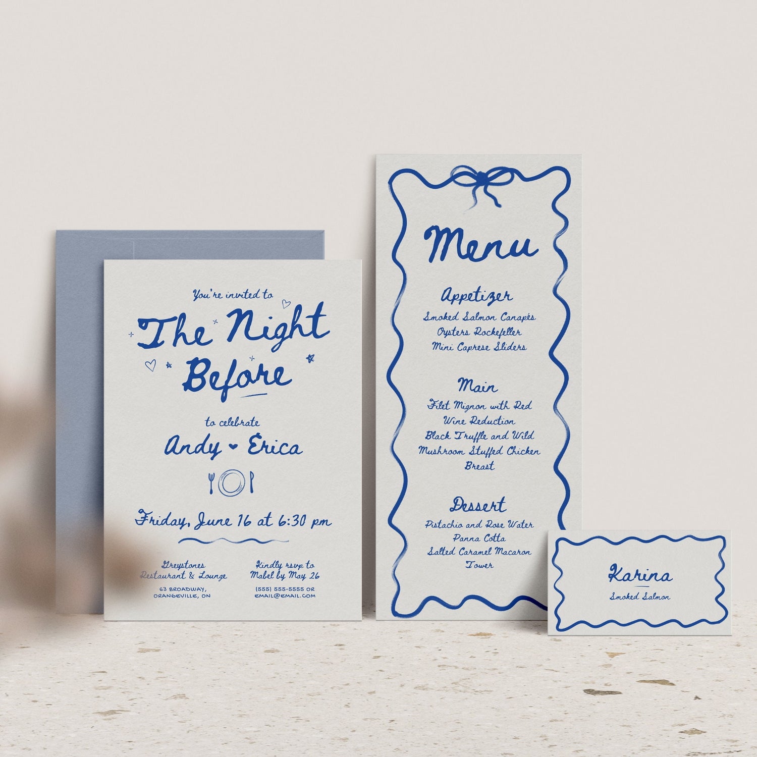 Rehearsal Dinner Invitation, Menu &amp; Place Card Templates - Canva Bundle