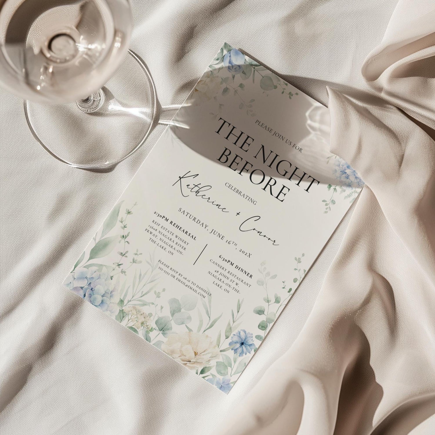 Dusty Blue Floral Rehearsal Dinner Invitation Template – Editable “The Night Before” Canva Design