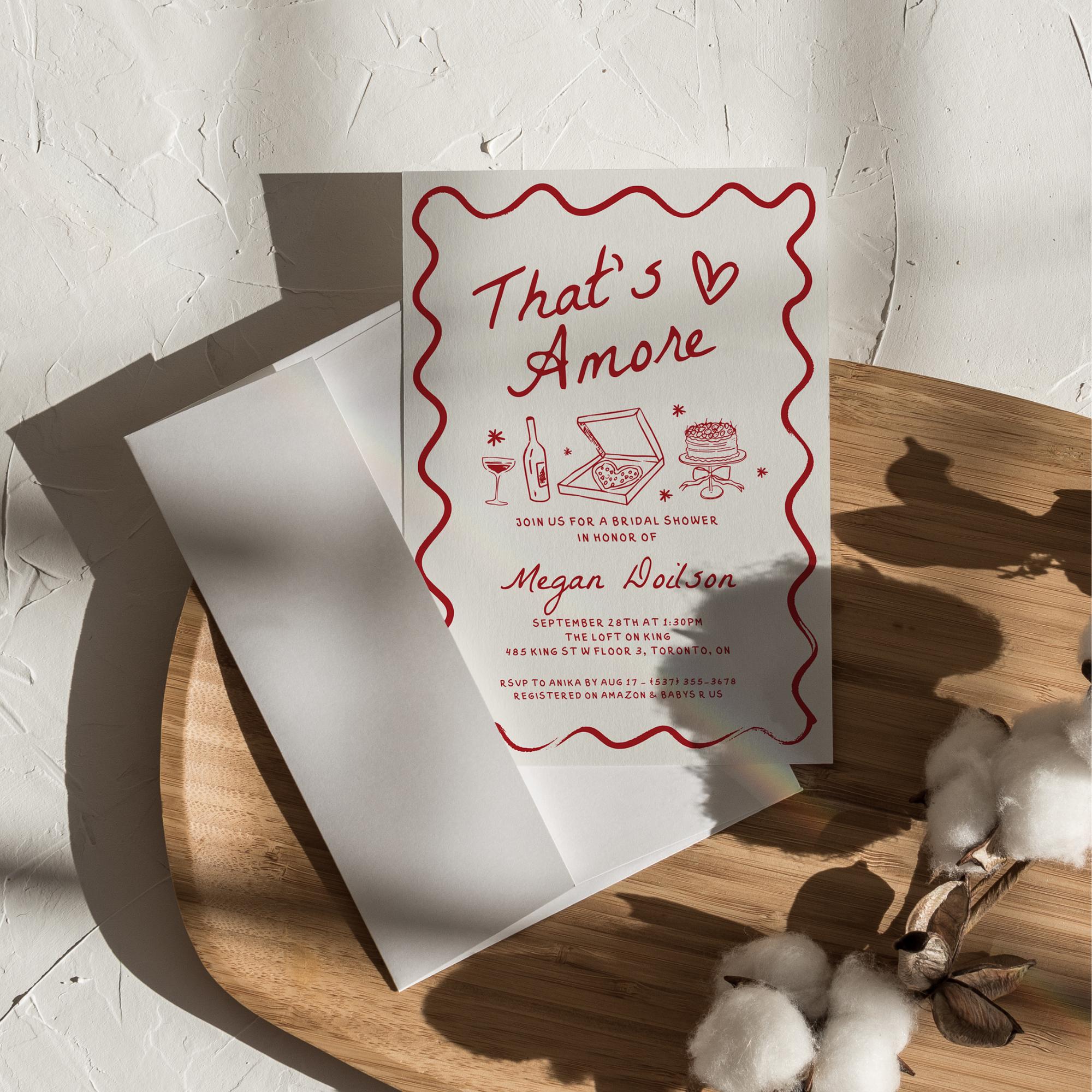 Wavy That’s Amore Bridal Shower Invitation – Editable Canva Template with Whimsical Hand-Drawn Italian Theme