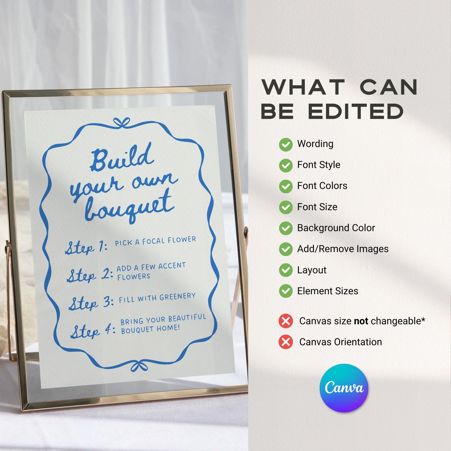 Build Your Own Bouquet Sign – Hand Drawn Flower Bar Canva Template for Bridal Shower or Baby Shower