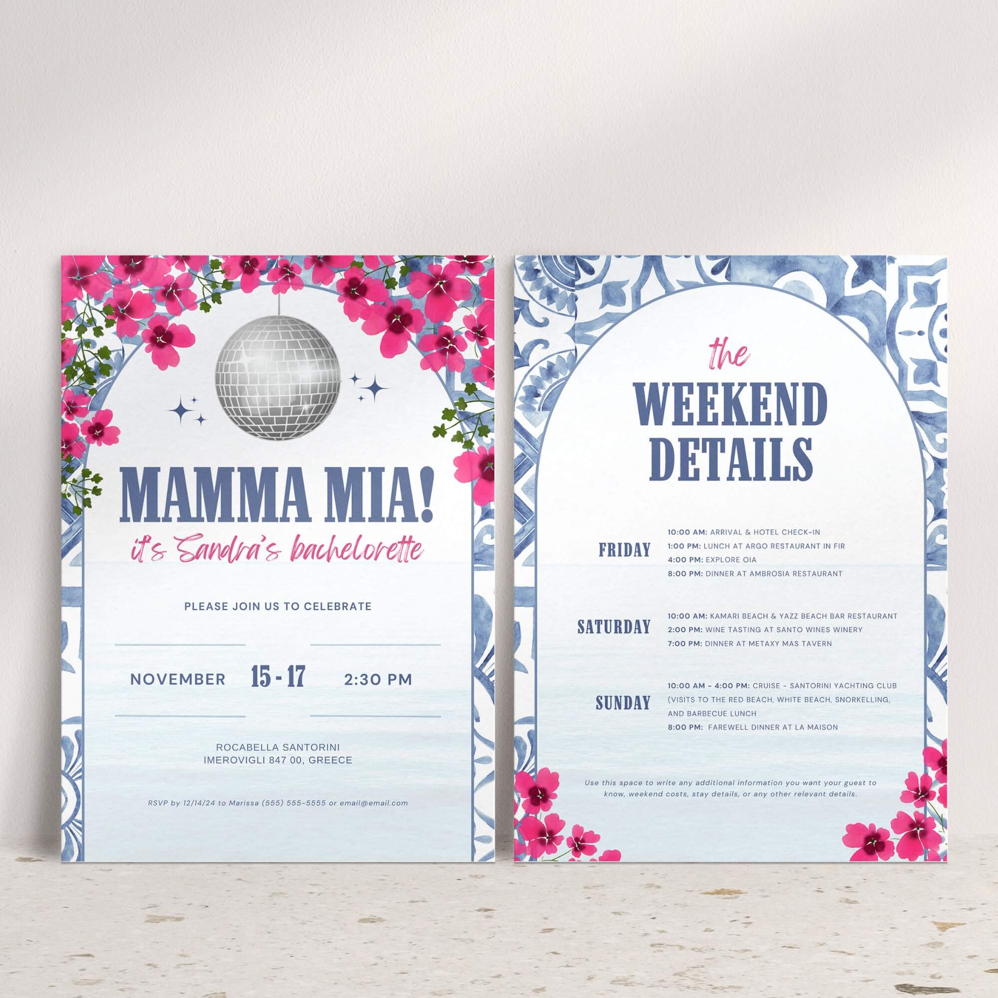 Mamma Mia Bachelorette Itinerary – Editable Canva Travel Schedule for Dancing Queen Party