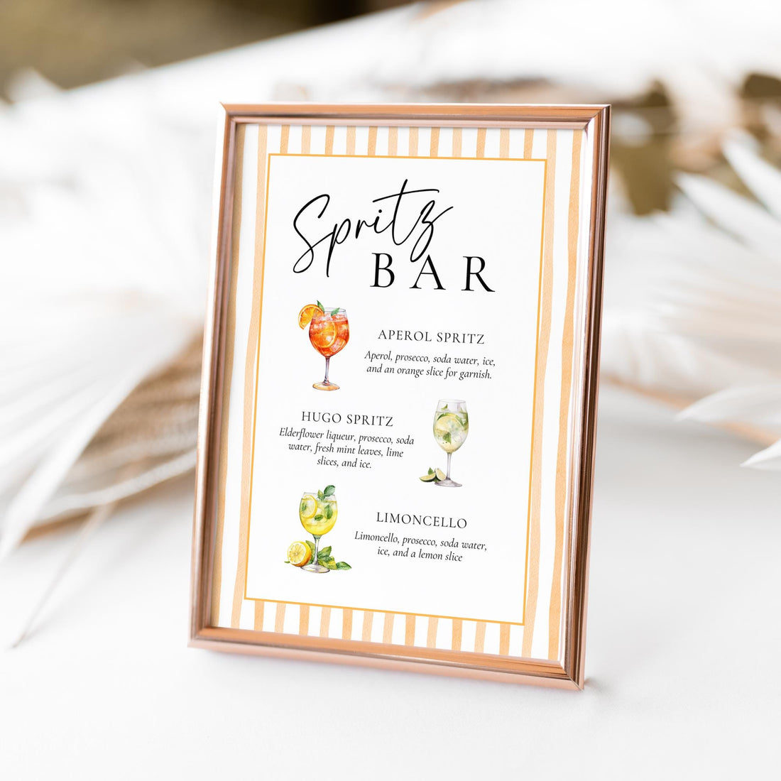 Watercolor Spritz Bar Sign Template – Aperol, Limoncello &amp; Hugo Spritz Recipes – Editable Canva Wedding &amp; Party Sign
