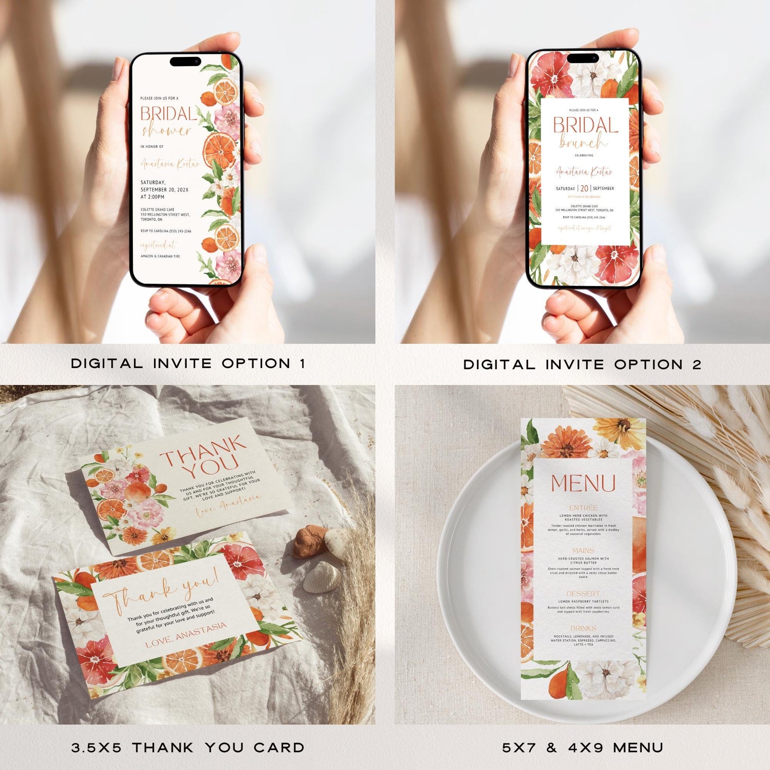 Citrus Bridal Shower Bundle Template – Main Squeeze Invitation, Games &amp; Decorations – Editable Canva Spring Bridal Brunch
