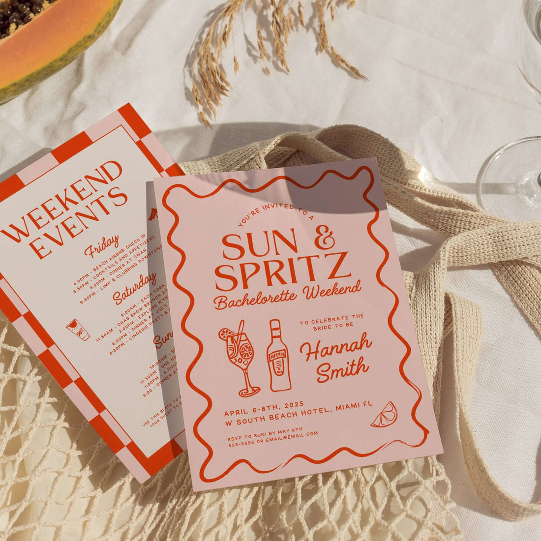 Sun and Spritz Bachelorette Party Templates – Editable Canva Invitation, Itinerary &amp; Packing List for Summer or Beach Bachelorette Weekend