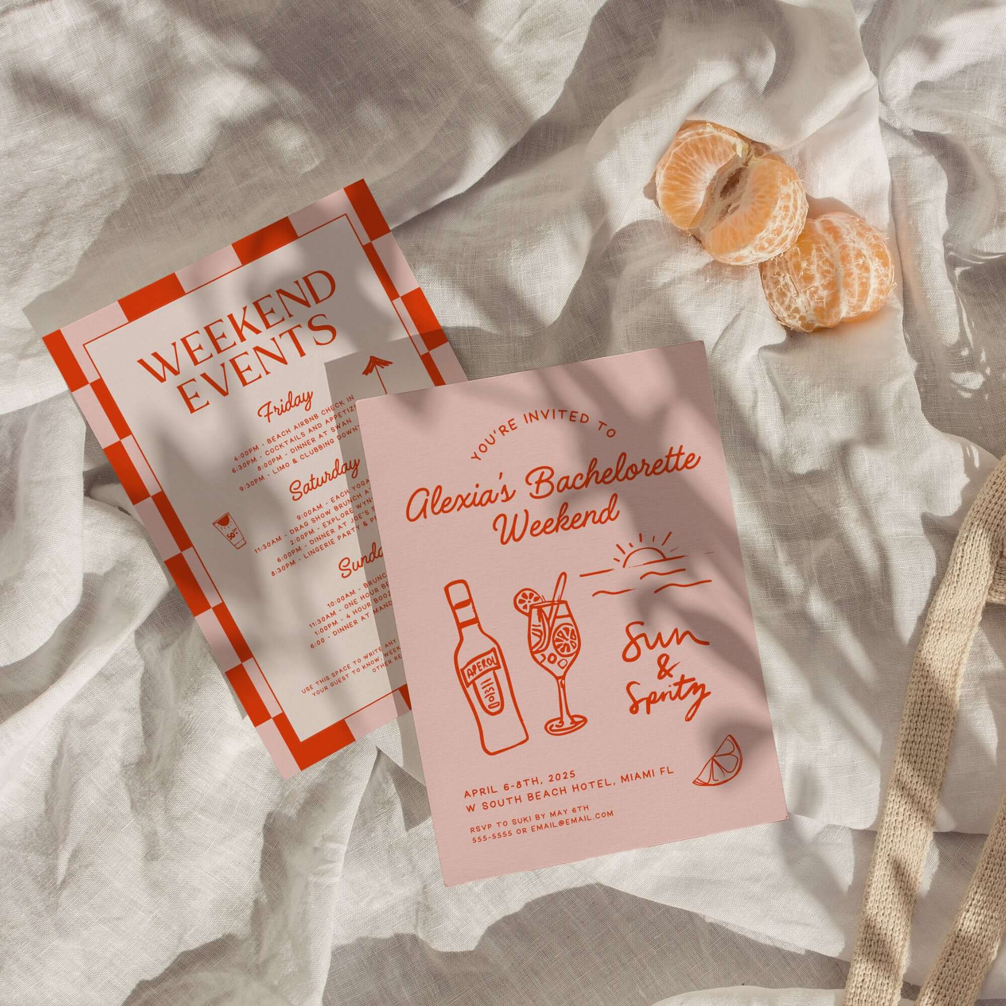 Sun and Spritz Bachelorette Party Templates – Editable Canva Invitation, Itinerary &amp; Packing List for Summer or Beach Bachelorette Weekend