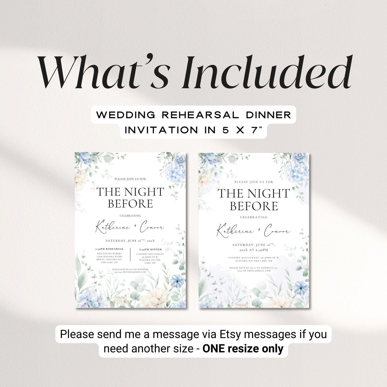 Dusty Blue Floral Rehearsal Dinner Invitation Template – Editable “The Night Before” Canva Design
