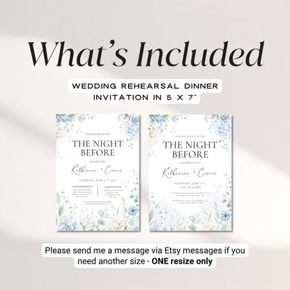 Dusty Blue Floral Rehearsal Dinner Invitation Template – Editable “The Night Before” Canva Design