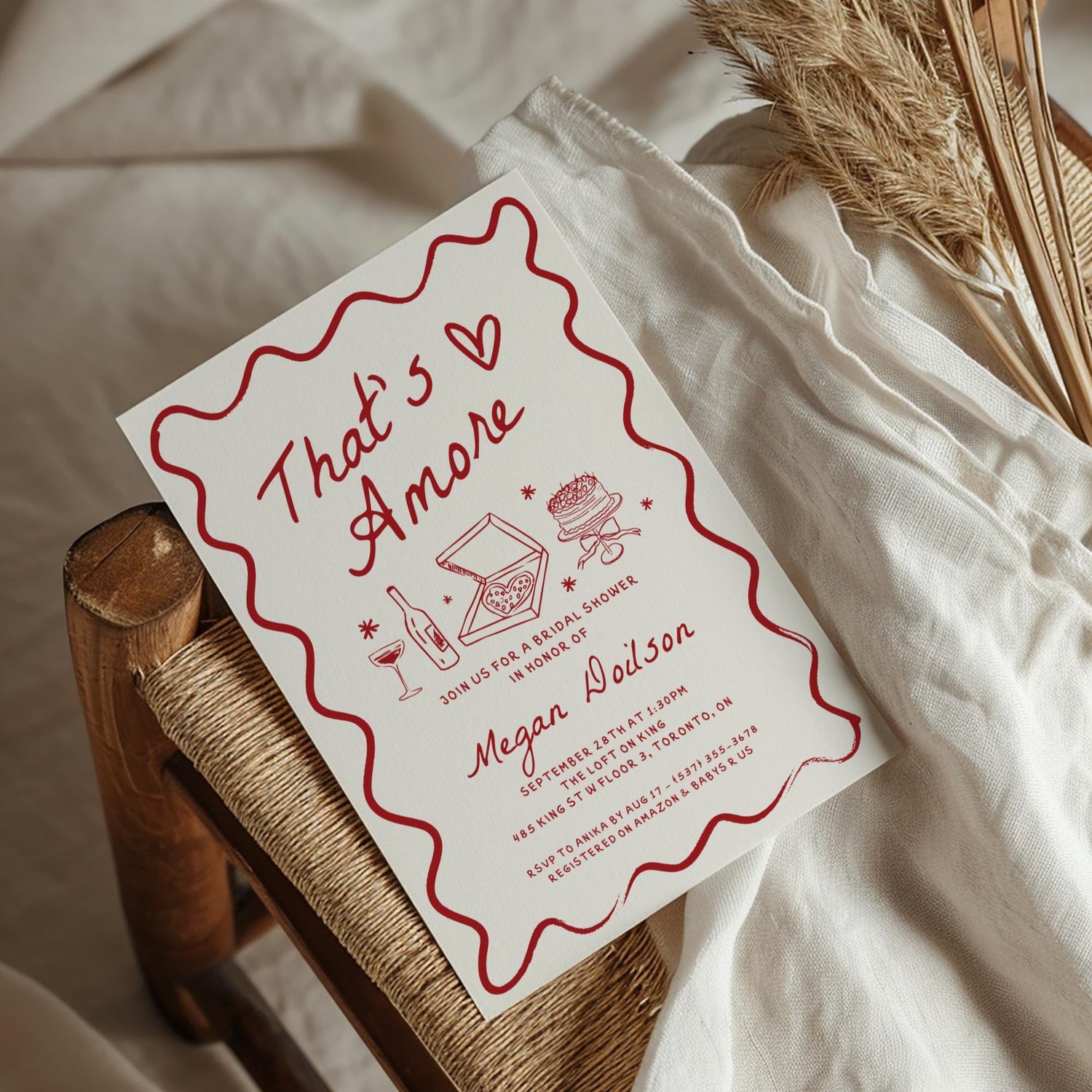 Wavy That’s Amore Bridal Shower Invitation – Editable Canva Template with Whimsical Hand-Drawn Italian Theme