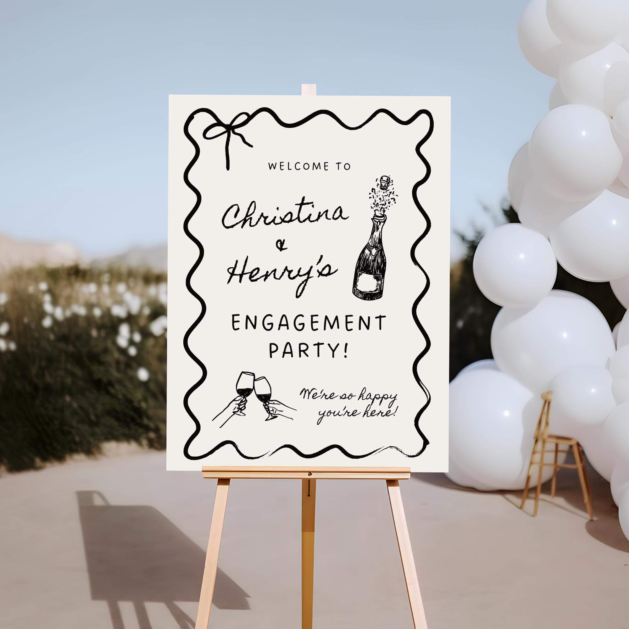 Wavy Engagement Party Welcome Sign, Whimsical Champagne Engagement Decorations, Hand-Drawn Style DIY Wedding Sign