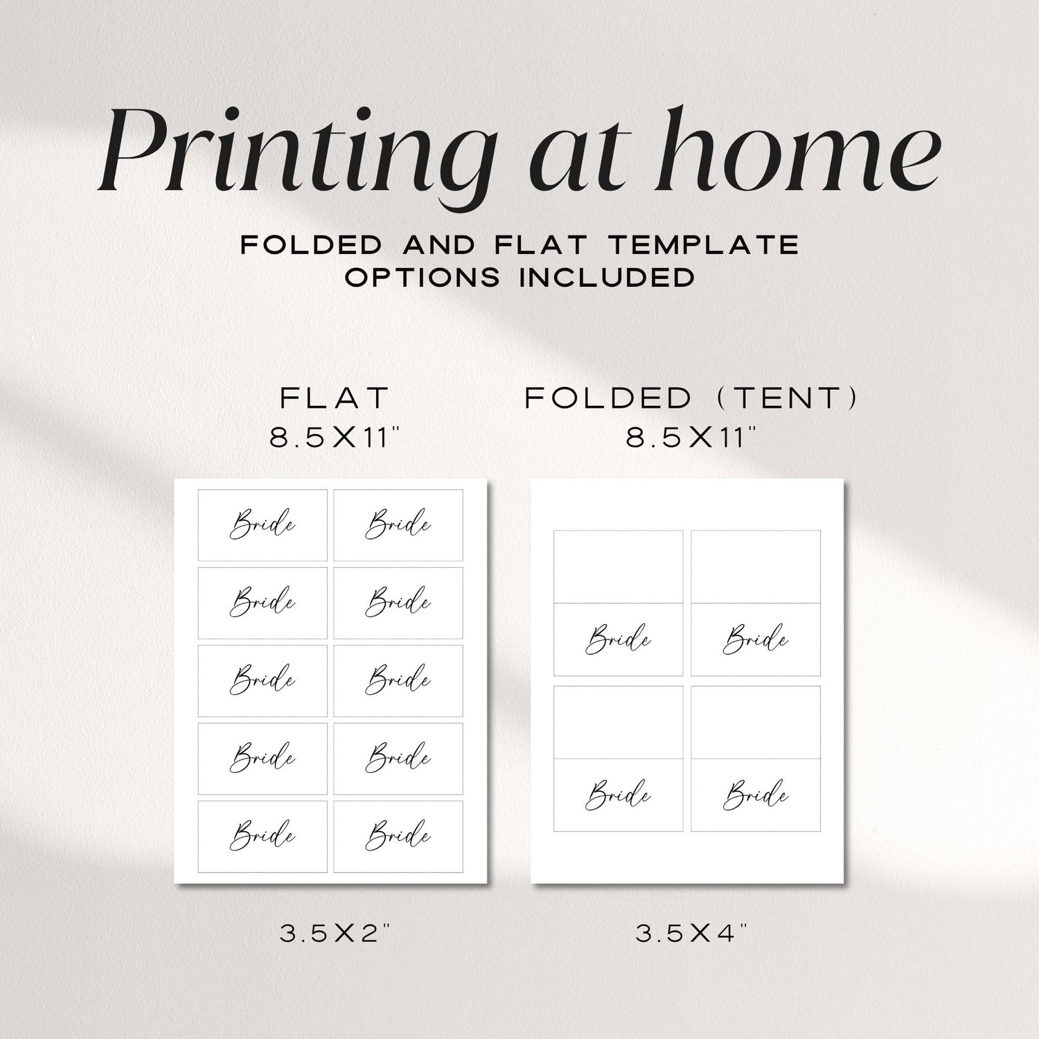 Minimalist Place Card Template, Editable Flat &amp; Folded Wedding Name Cards, Printable Seating Cards for Dinner Party or Event