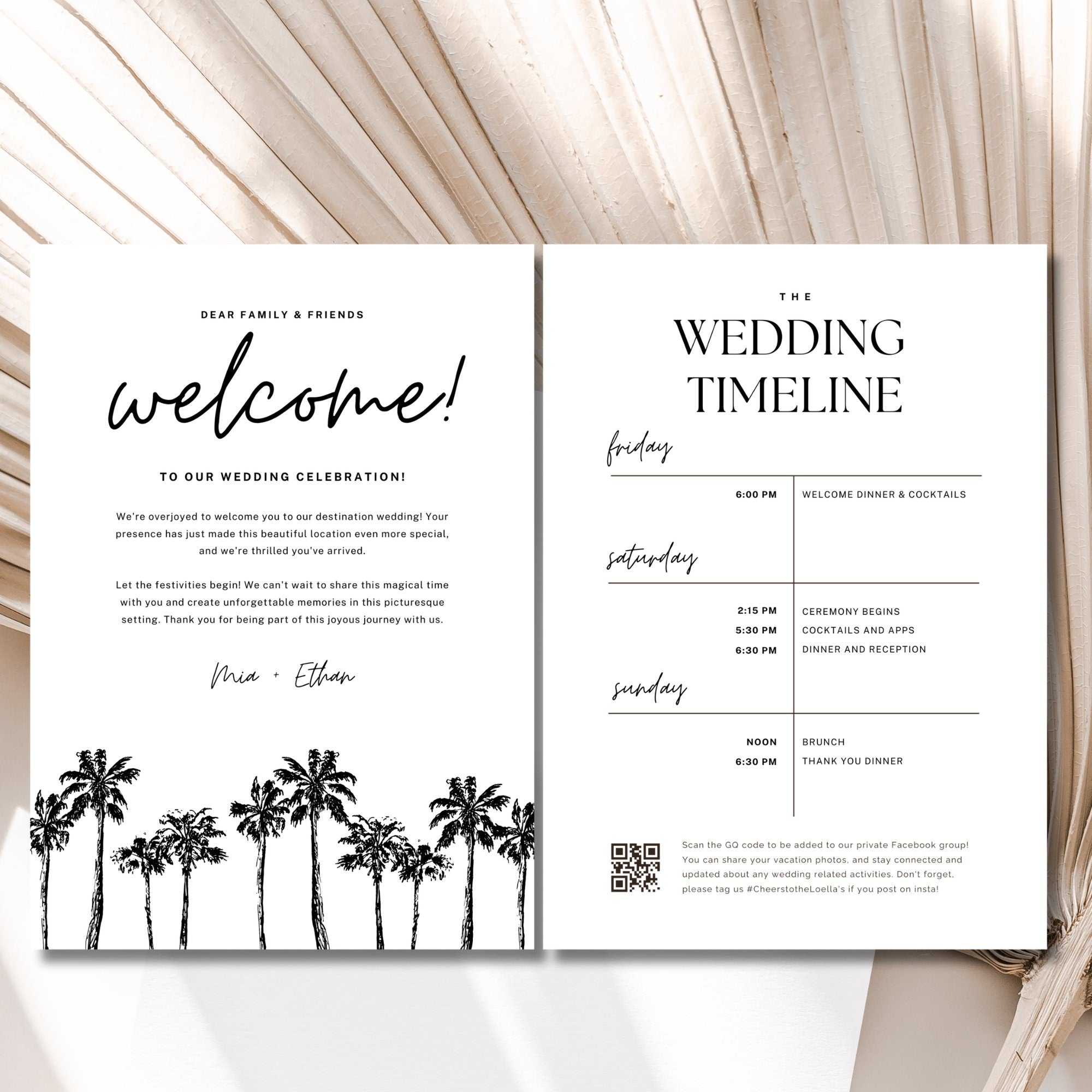 Minimalist Palm Tree Welcome Letter &amp; Wedding Itinerary - Canva Template