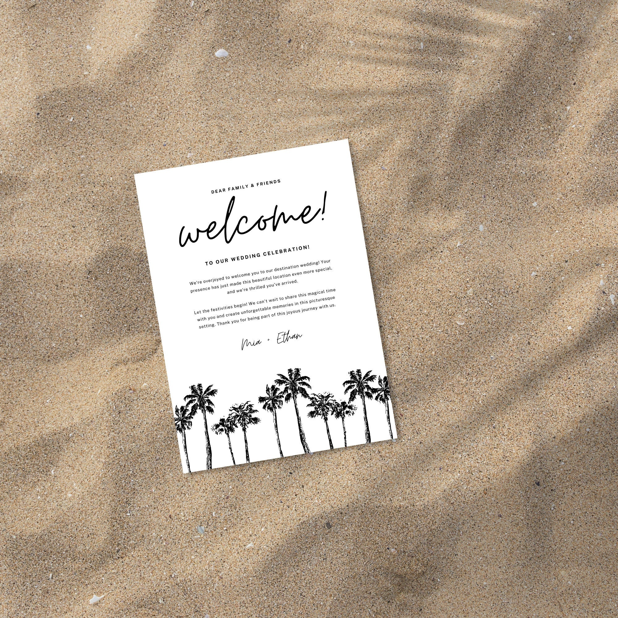 Minimalist Palm Tree Welcome Letter &amp; Wedding Itinerary - Canva Template