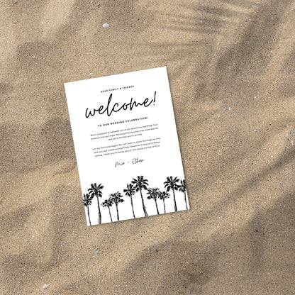 Minimalist Palm Tree Welcome Letter &amp; Wedding Itinerary - Canva Template