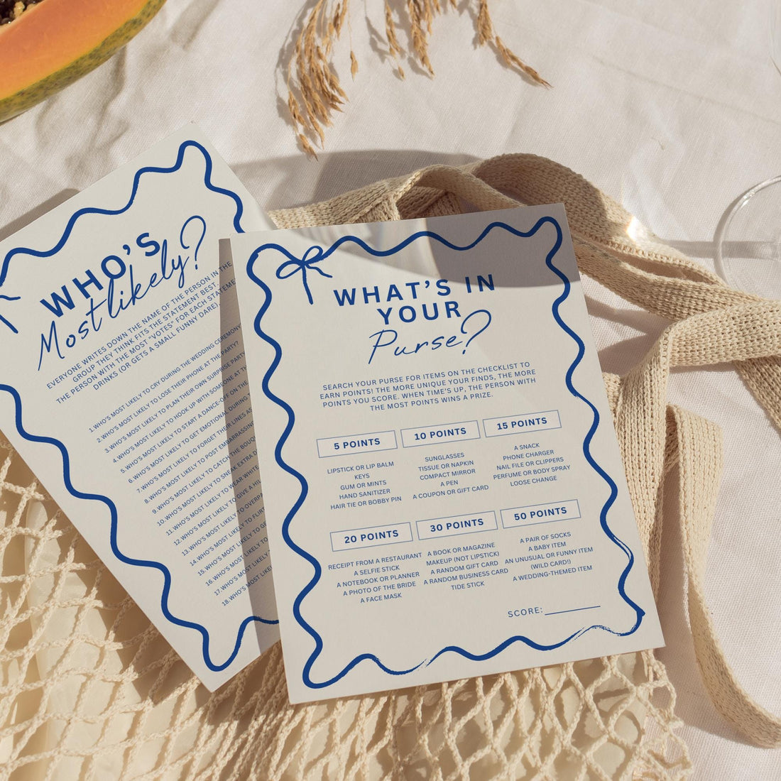 Wavy Blue Bow Bachelorette Party Games Bundle – 22 Editable Canva Templates for Bridal Shower &amp; Hen Party