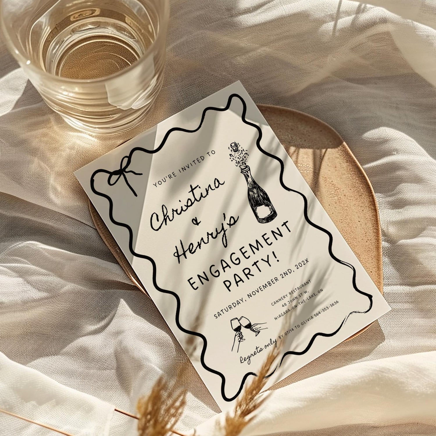 Wavy Engagement Party Invitation, Whimsical Bridal Shower Invites, Hand Drawn Style Champagne DIY Wedding Template, Wedding Invitation Card