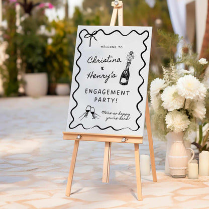 Wavy Engagement Party Welcome Sign, Whimsical Champagne Engagement Decorations, Hand-Drawn Style DIY Wedding Sign