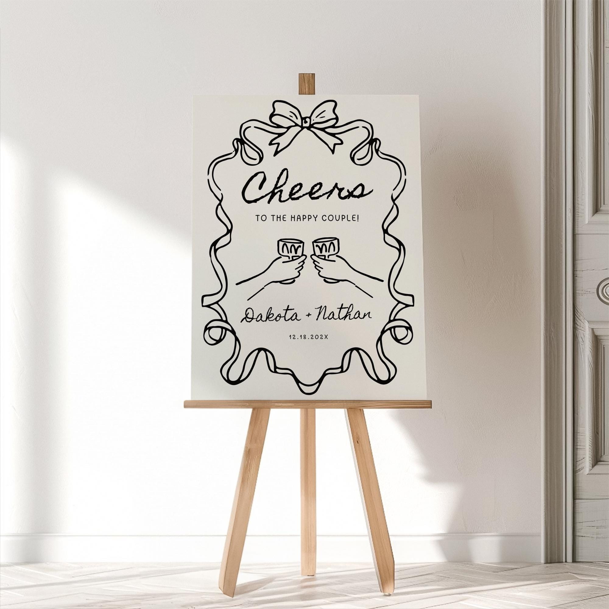 Whimsical Engagement Party Welcome Sign – Editable Canva Template with Bow Illustration