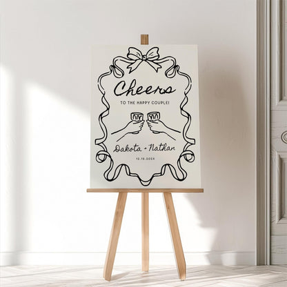 Whimsical Engagement Party Welcome Sign – Editable Canva Template with Bow Illustration