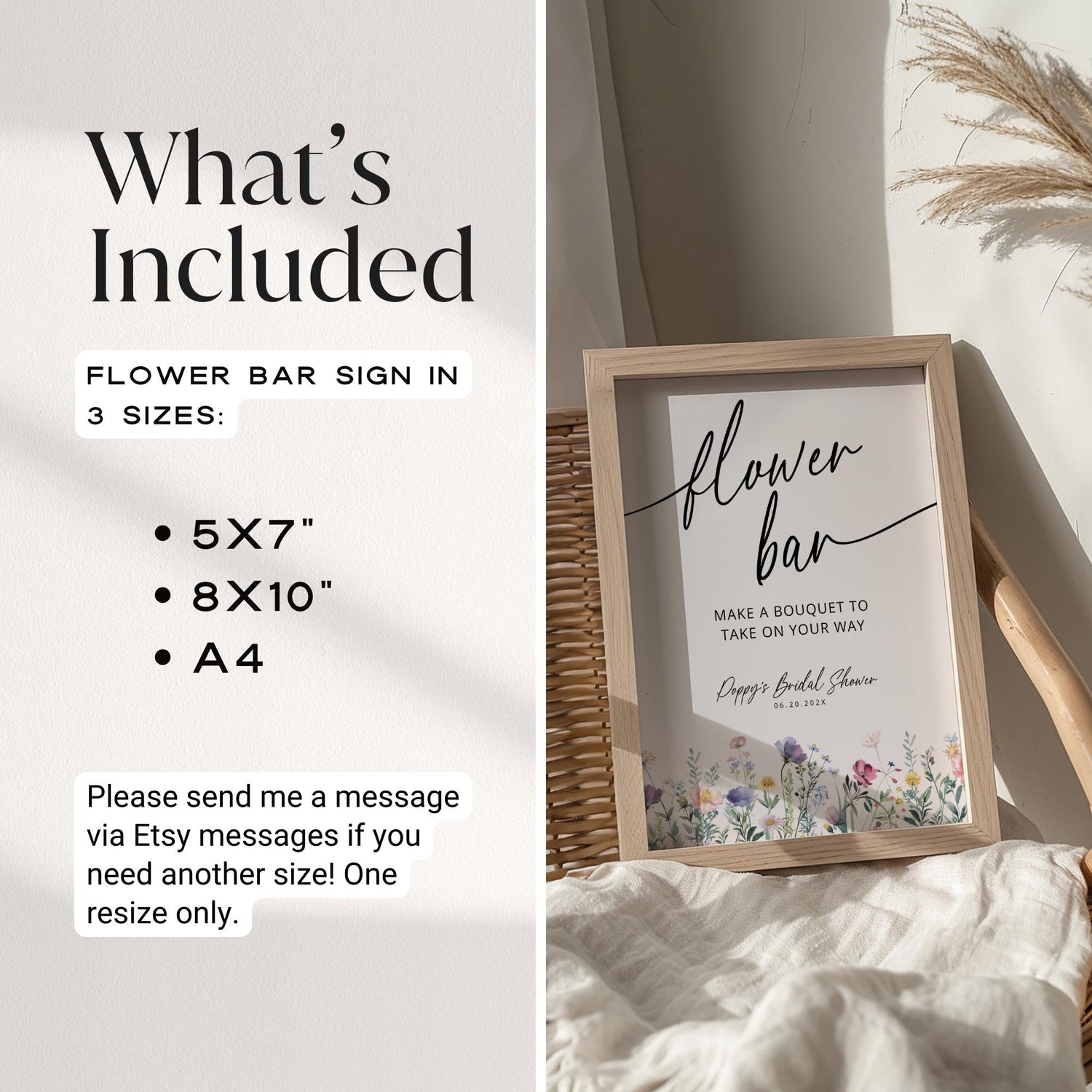 Wildflowers Flower Bar Sign – Editable Canva Template for Bridal Shower
