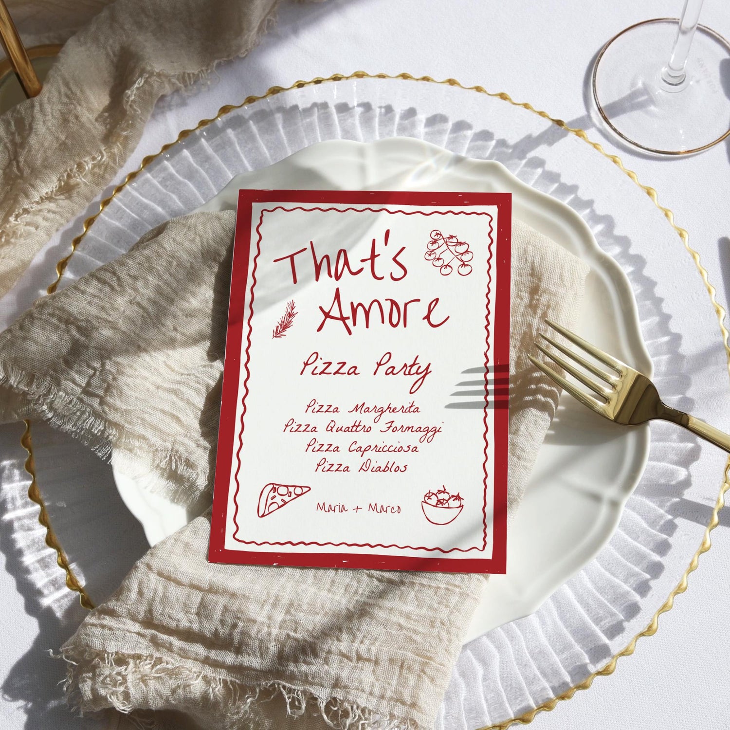 That’s Amore Rehearsal Dinner Invitation, Menu &amp; Name Cards – Editable Canva Template for Italian Engagement or Pizza Party