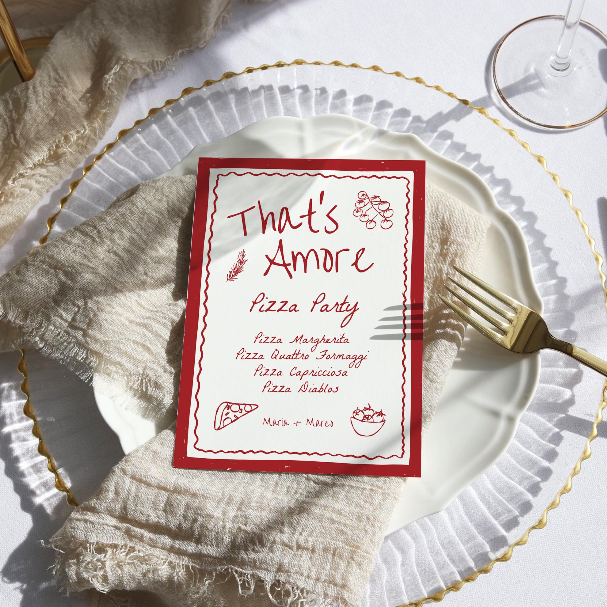 That’s Amore Rehearsal Dinner Invitation, Menu &amp; Name Cards – Editable Canva Template for Italian Engagement or Pizza Party