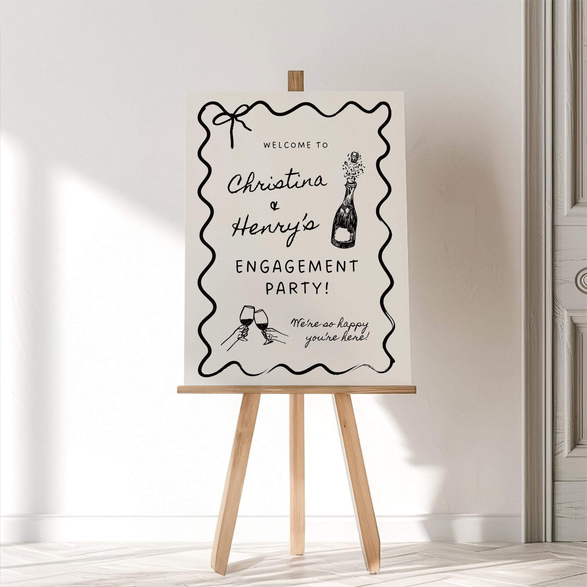 Wavy Engagement Party Welcome Sign, Whimsical Champagne Engagement Decorations, Hand-Drawn Style DIY Wedding Sign