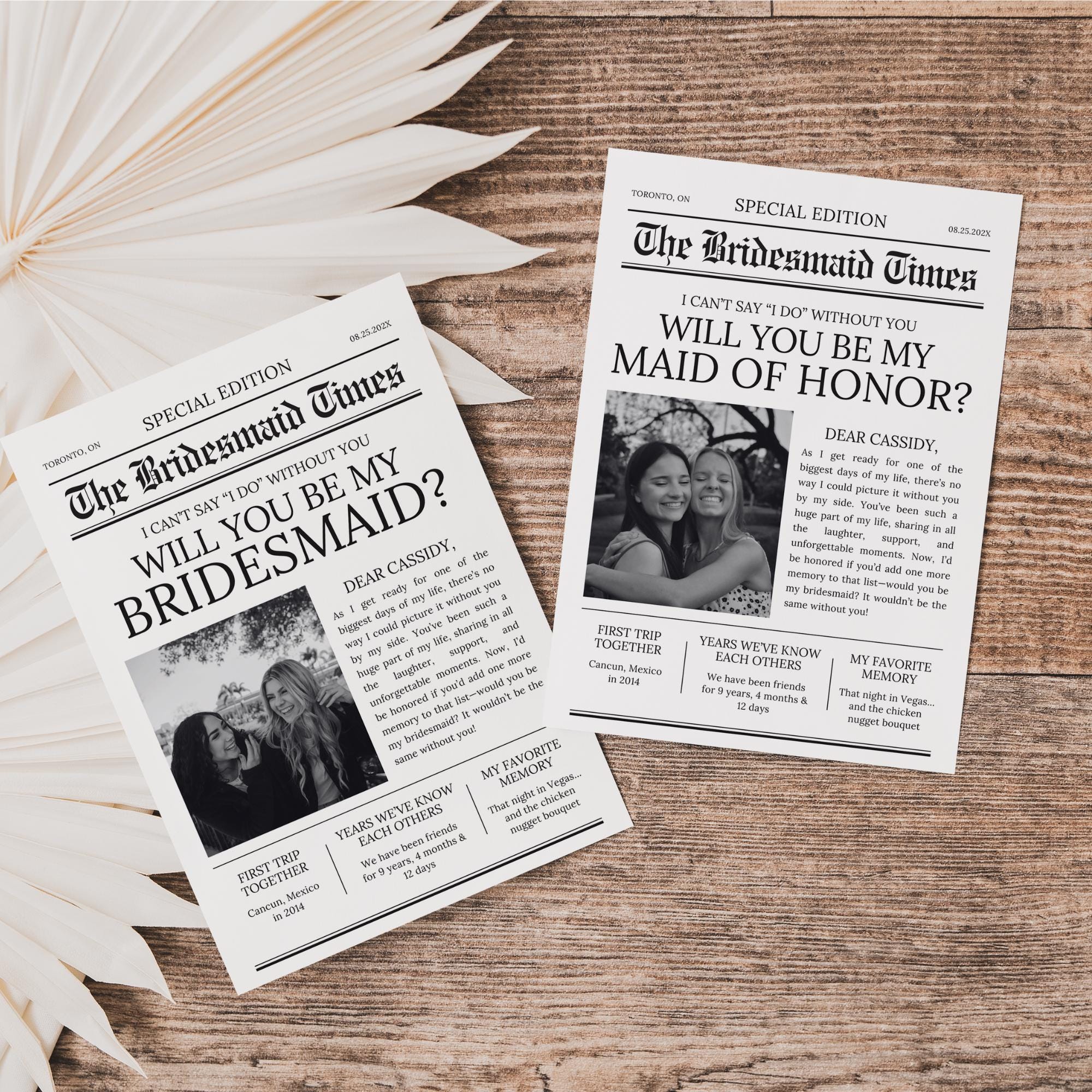 Newspaper Bridesmaid Proposal Card - Editable Canva Template