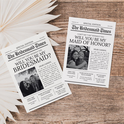 Newspaper Bridesmaid Proposal Card - Editable Canva Template